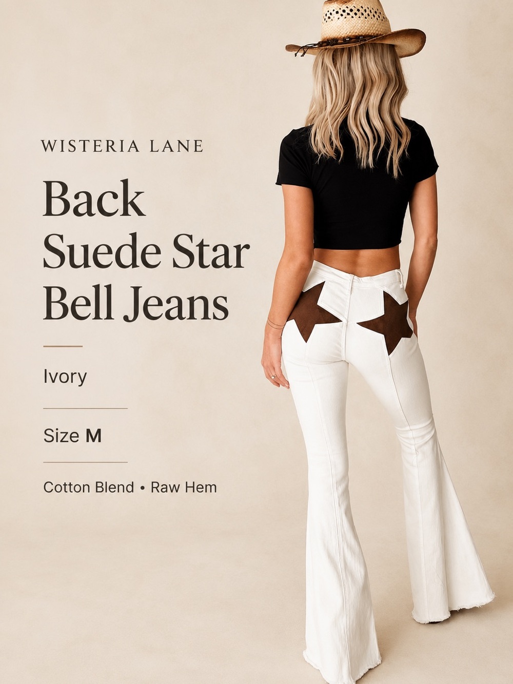 Wisteria Lane Back Suede Star Bell Jeans Size M Ivory Western Boho‎ Flare